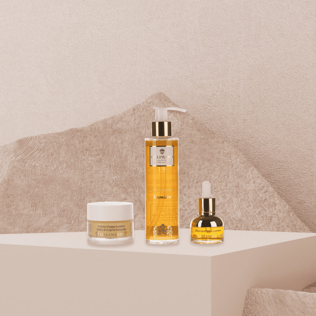 Crème visage, élixir précieux et lotion tonique de la gamme Lumière de la Maison de Parfums Galimard