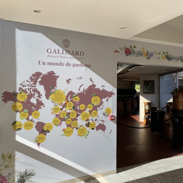 Habillage mural de l'usine-musée et studio des fragrances Galimard à Grasse avec une maps monde et la provenance des matières premières utilisées en parfumerie