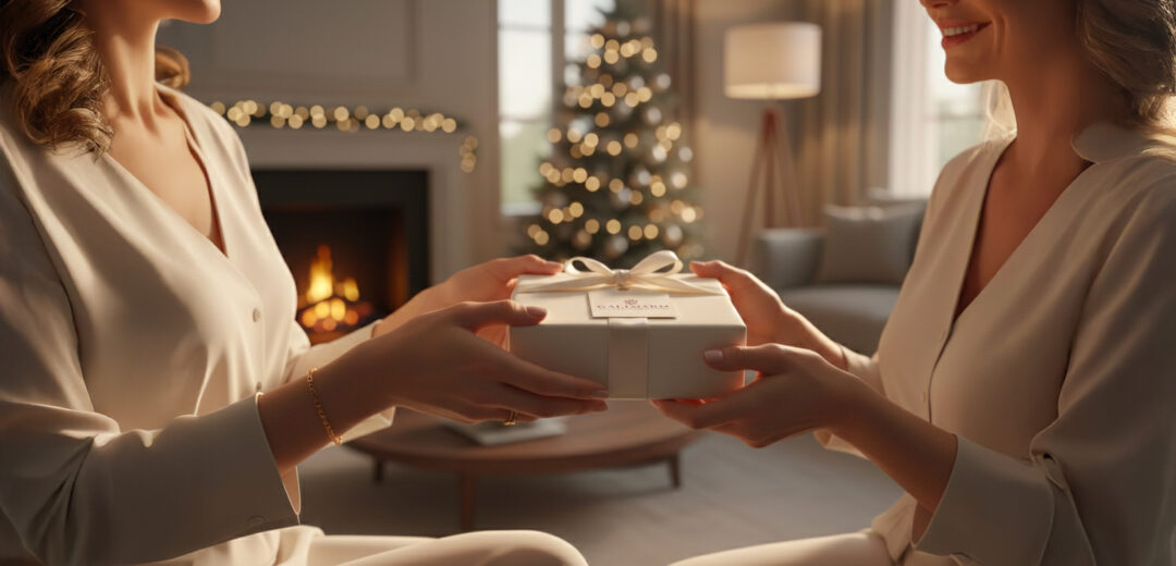 Deux femmes s’échangent un cadeau Galimard dans un salon décoré pour les fêtes, avec sapin illuminé et cheminée en arrière-plan.